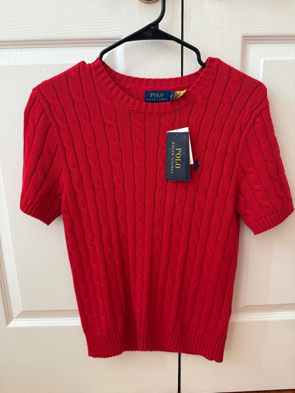 Ralph Lauren Red Cable-Knit Short Sleeve Sweater with Pony
